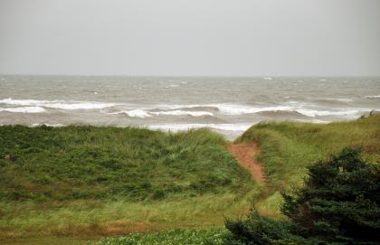 The view is dramatic on a grey sky stormy day.